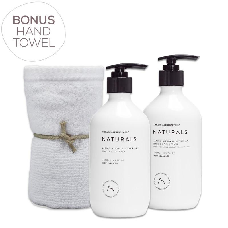The Aromatherapy Co. - Naturals - Alpine - Gift Pack - Hand & Body Wash, Hand & Body Lotion & Bonus Hand Towel - Cocoa & Icy Vanilla