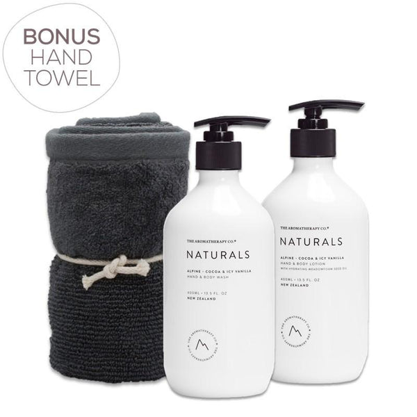 The Aromatherapy Co. - Naturals - Alpine - Gift Pack - Hand & Body Wash, Hand & Body Lotion & Bonus Hand Towel - Cocoa & Icy Vanilla