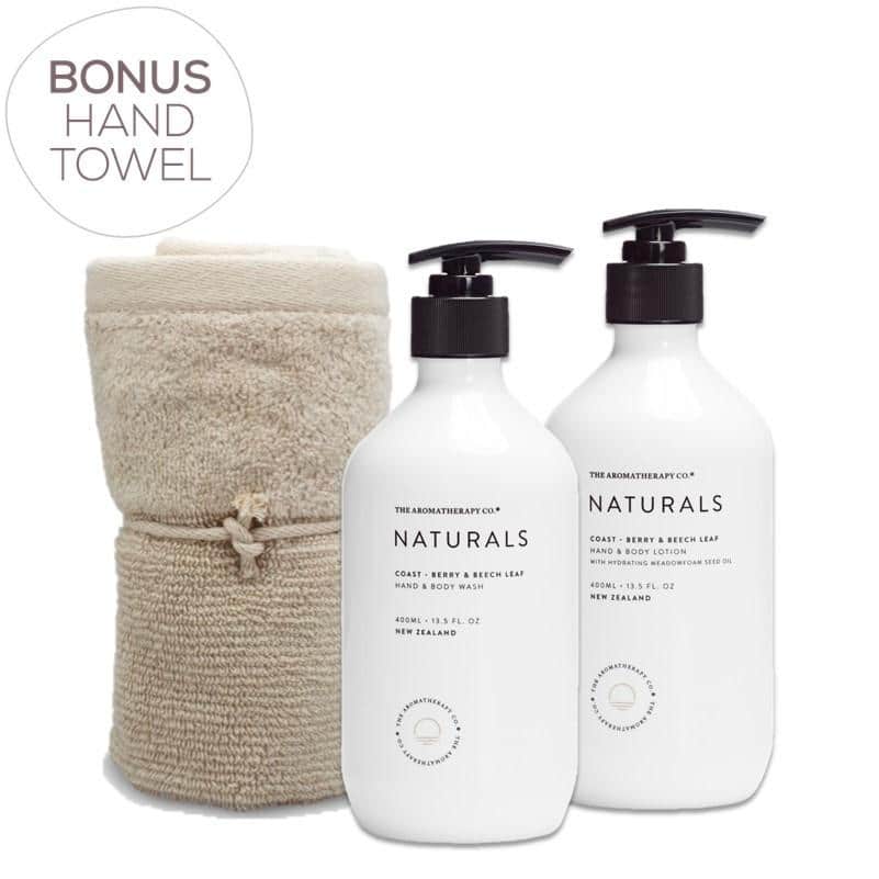 The Aromatherapy Co. - Naturals - Coast - Gift Pack - Hand & Body Wash, Hand & Body Lotion & Bonus Hand Towel - Berry & Beech Leaf