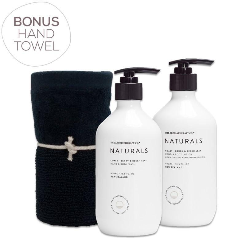 The Aromatherapy Co. - Naturals - Coast - Gift Pack - Hand & Body Wash, Hand & Body Lotion & Bonus Hand Towel - Berry & Beech Leaf