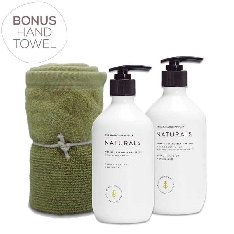 The Aromatherapy Co. - Naturals - Forest - Gift Pack - Hand & Body Wash, Hand & Body Lotion & Bonus Hand Towel - Evergreen & Freesia