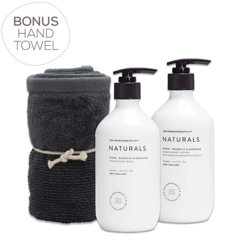 The Aromatherapy Co. - Naturals - River - Gift Pack - Hand & Body Wash, Hand & Body Lotion & Bonus Hand Towel - Waterlily & Geranium