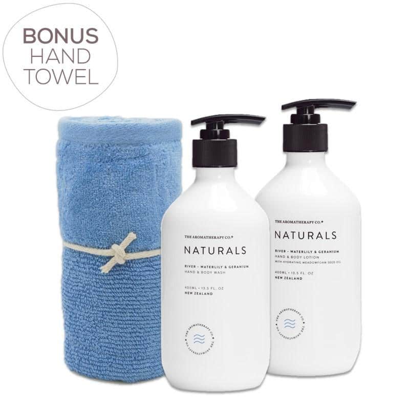 The Aromatherapy Co. - Naturals - River - Gift Pack - Hand & Body Wash, Hand & Body Lotion & Bonus Hand Towel - Waterlily & Geranium